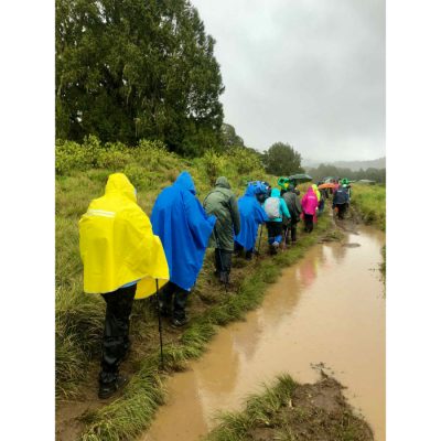Hikers crossing a pond wearing our Ponchos